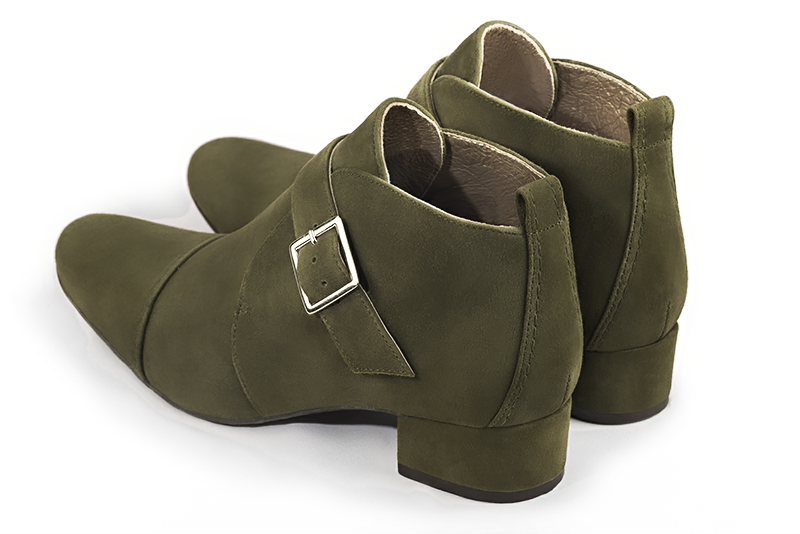 Women's khaki green elegant ankle boots, with buckles at the front. Round toe. Low block heels - Rear view